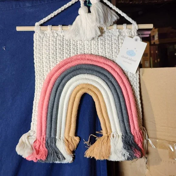 Cloud Island 13"x16" Multi Colored Rainbow Macrame Wall Art in Pink, Gray, Tan - Picture 1 of 13